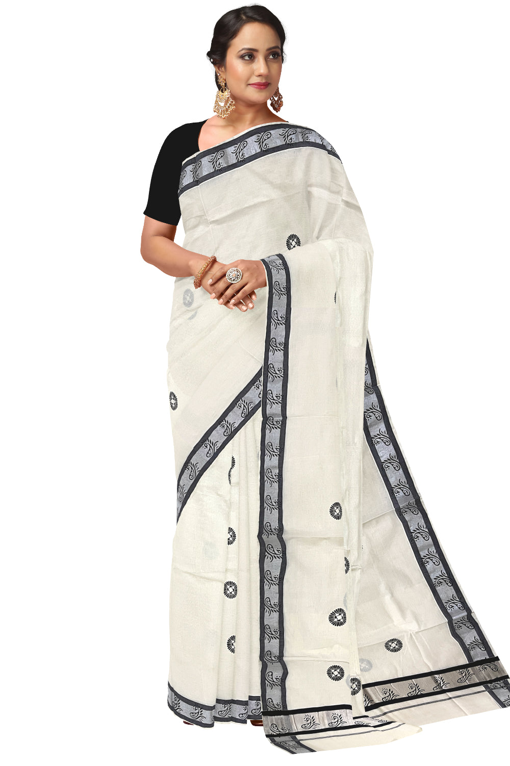 Pure Cotton Kerala Saree with Black Block Prints and Silver Border