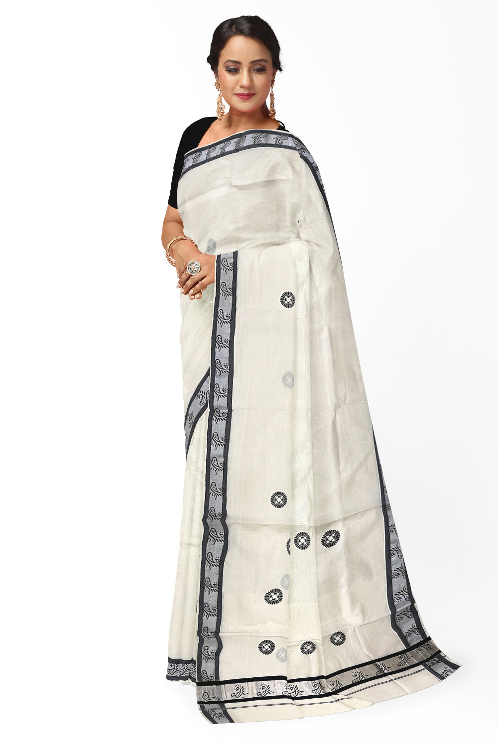 Pure Cotton Kerala Saree with Black Block Prints and Silver Border