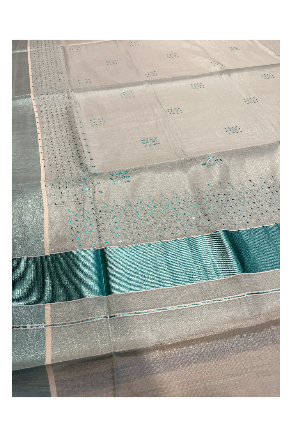 Southloom Kerala Turquoise Tissue Saree with Sequence Work