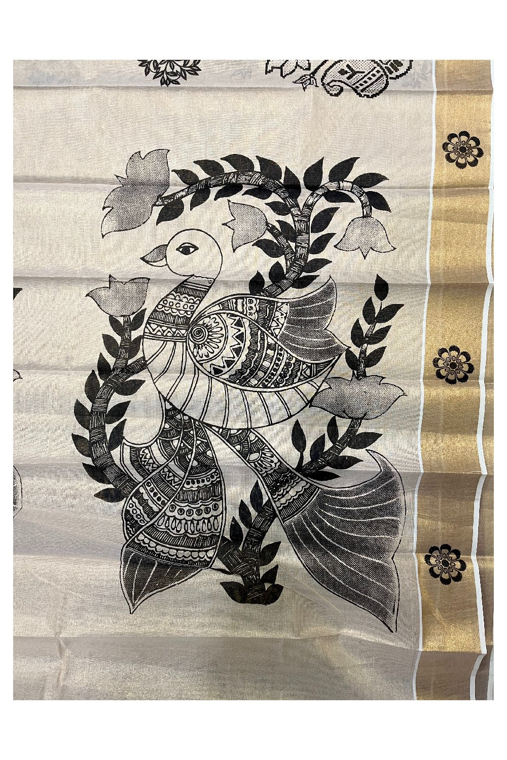 Kerala Tissue Kasavu Saree With Mural Printed Design (Vishu 2024 Collection)