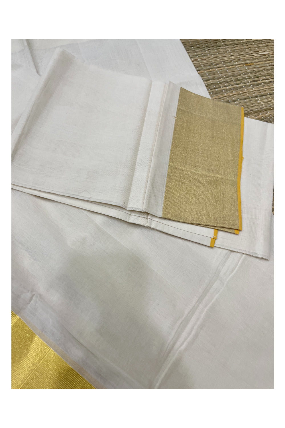 Southloom Premium Balaramapuram Unakkupaavu Handloom Cotton Wedding Set Mundu with Kasavu Border