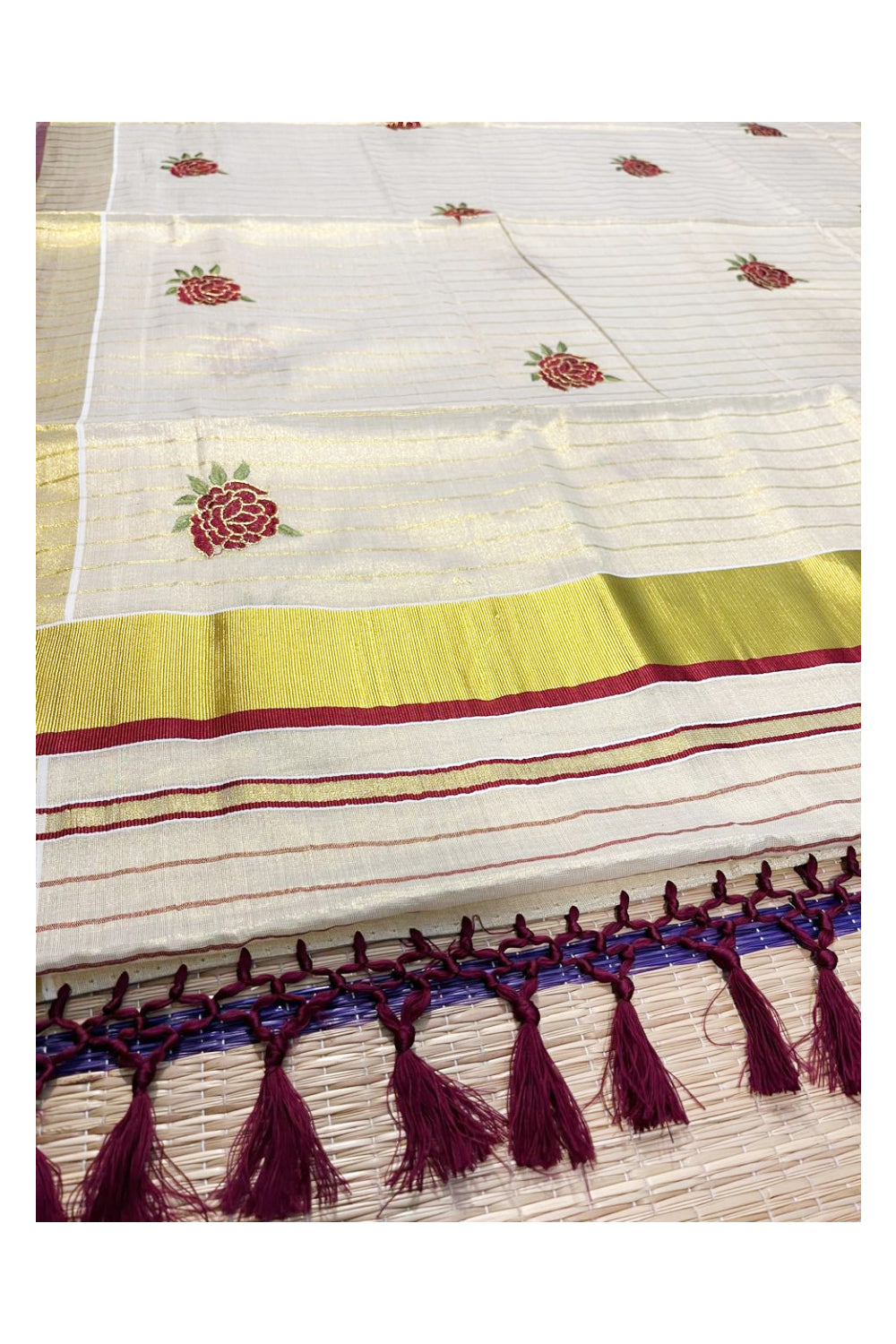 Southloom Kerala Tissue Kasavu Lines Saree with Maroon Floral Embroidery Works