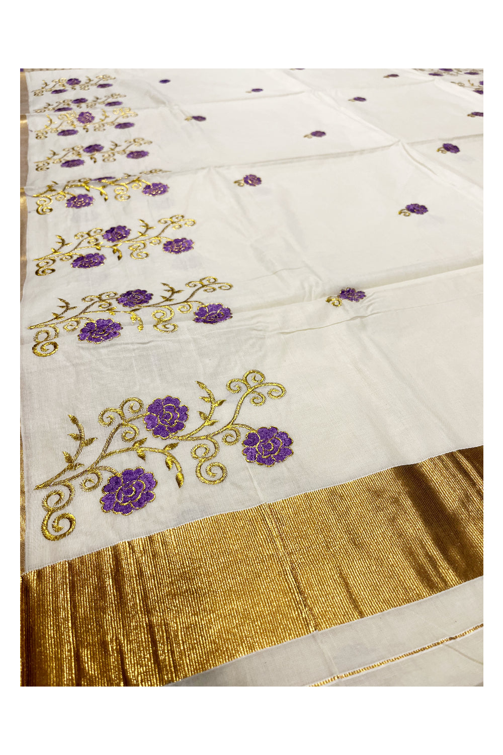 Southloom Kerala Kasavu Saree with Lavender and Gold Floral Embroidery