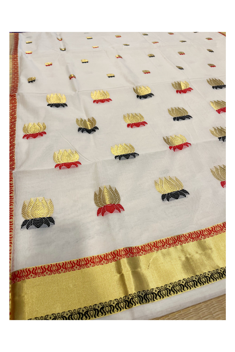 Southloom™ Premium Handloom Cotton Kasavu Saree With Handwoven Red,Black and Golden Lotus Designs