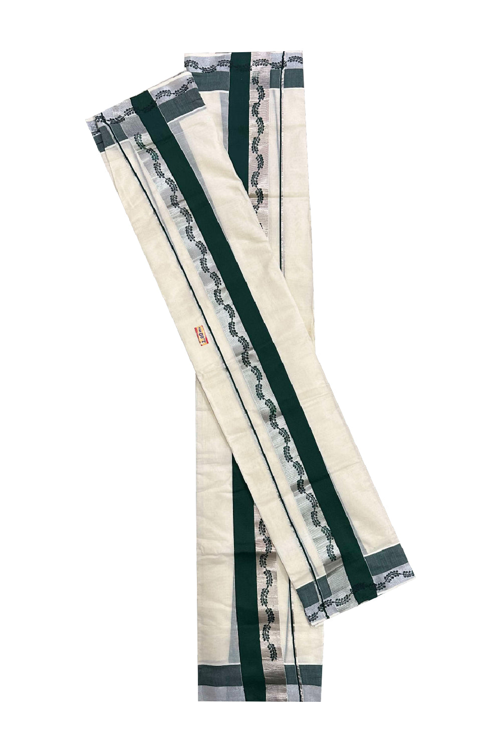 Kerala Cotton Single Set Mundu (Mundum Neriyathum) with Green Block Prints and Silver Kasavu Border 2.80 Mtrs (Onam set Mundu 2023)