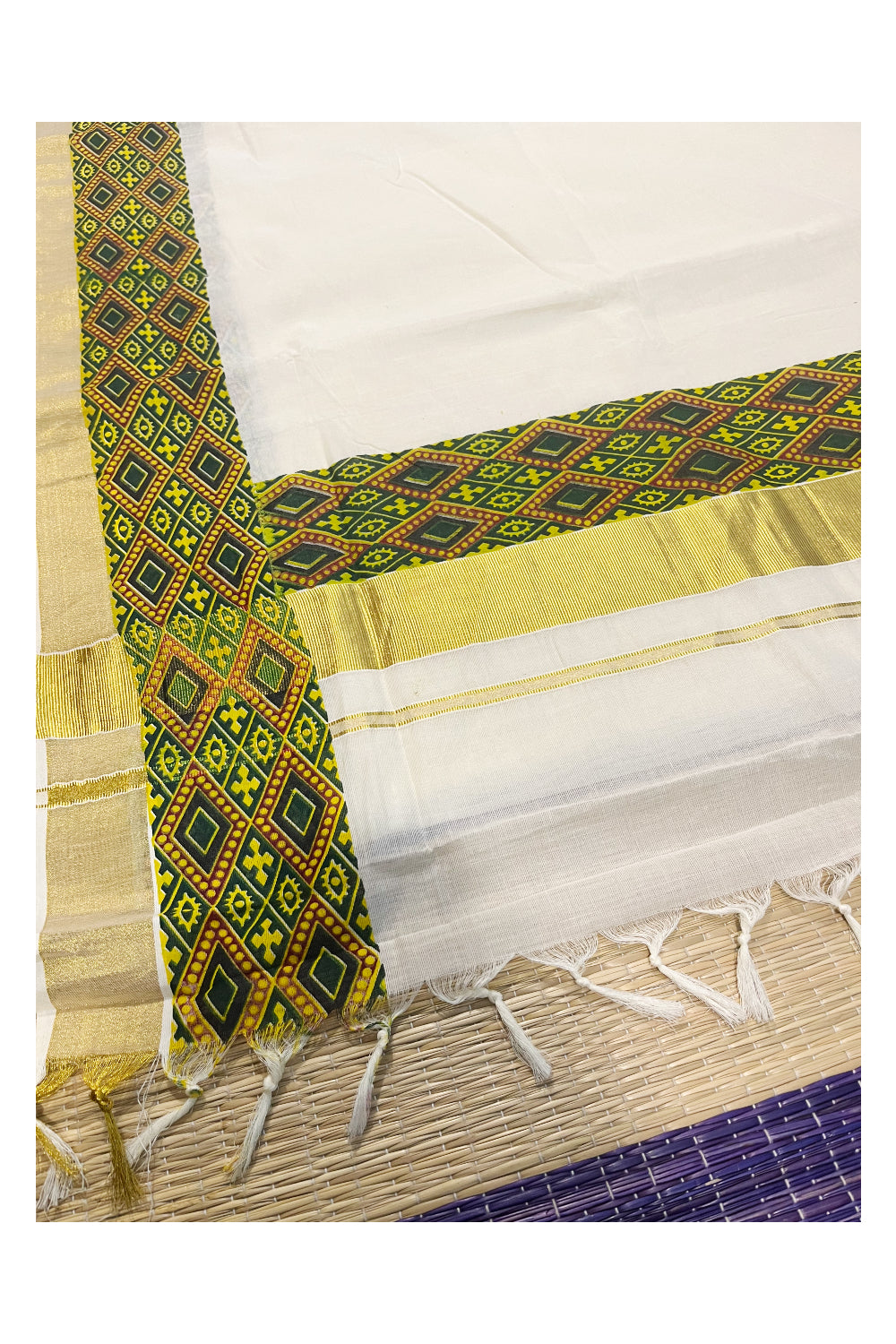 Kerala Pure Cotton Kasavu Saree with Ajrakh Stitched Borders and Matching Blouse Piece