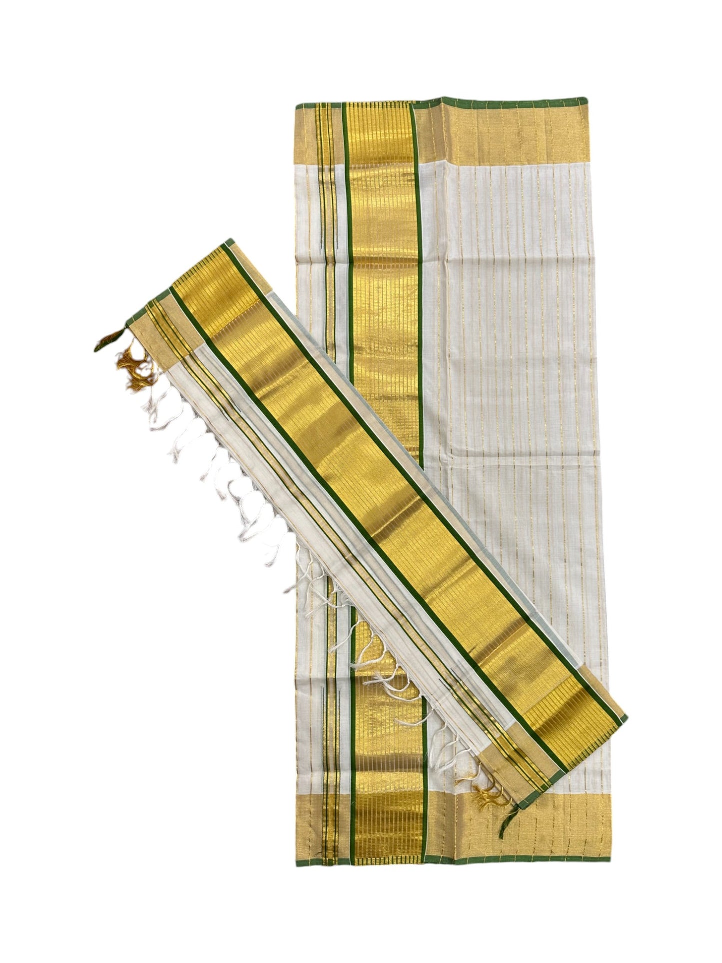 Southloom Premium Handloom Set Mundu with Green Border and Kasavu Lines Across Body 2.80 Mtrs