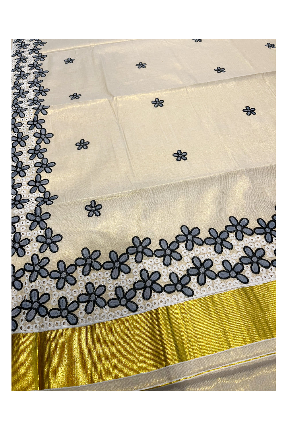 Kerala Tissue Kasavu Saree with Grey Floral Embroidery Works