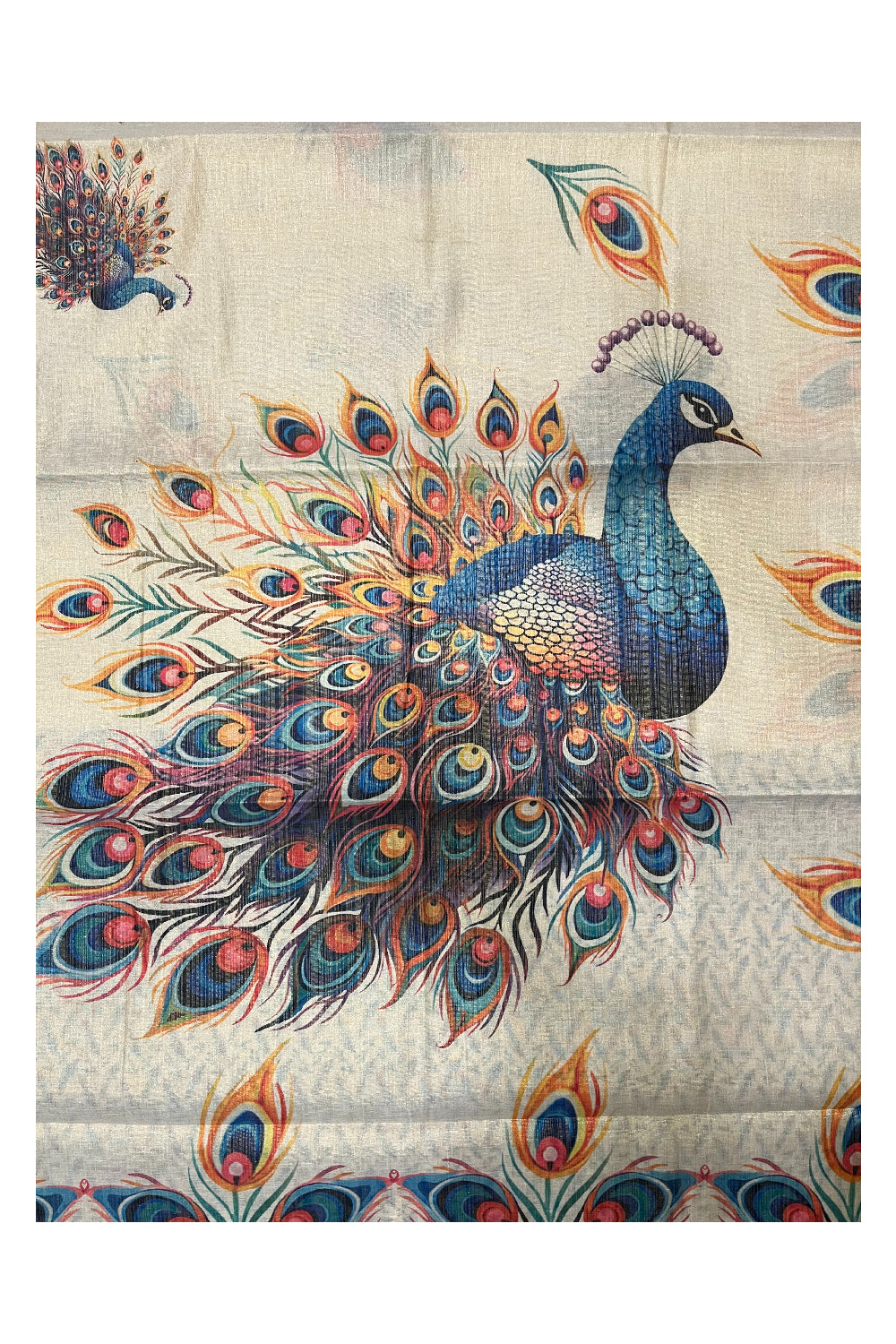 Southloom High Definition Mural Peacock Design Saree in Non Shiny Kasavu Tissue (with Printed Blouse)