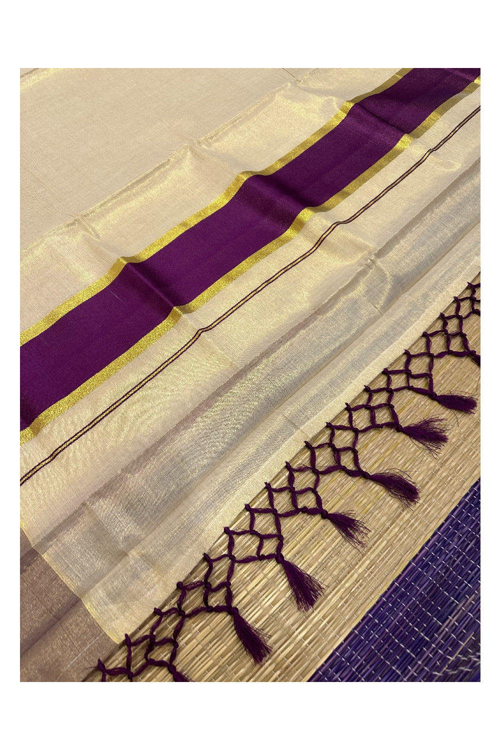 Kerala Kasavu Tissue Saree with Purple Kara and Border (Onam Saree 2023)