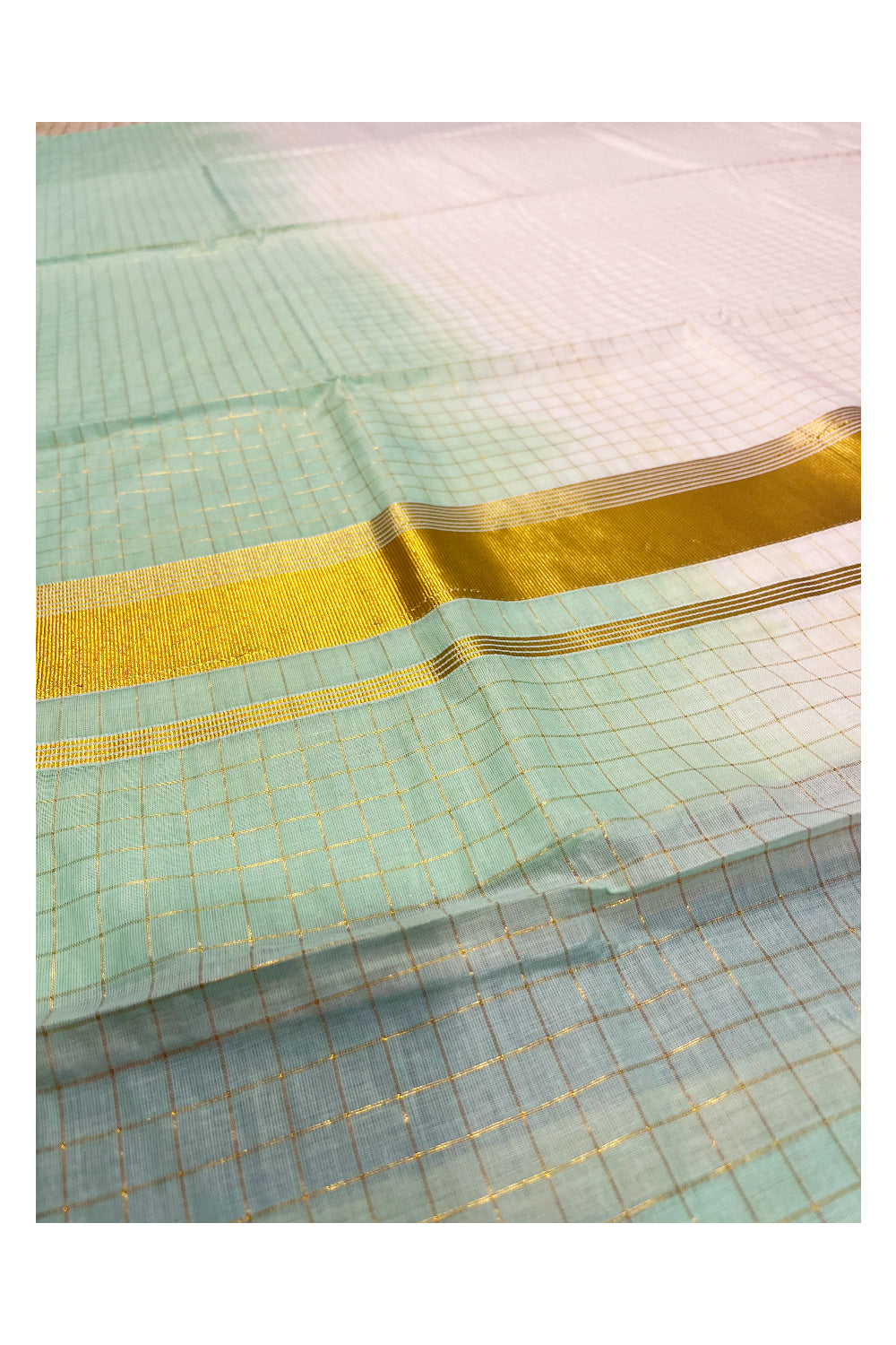 Southloom Cotton Tie & Dye - Half & Half Green Design Saree with Kasavu Checks Across Body