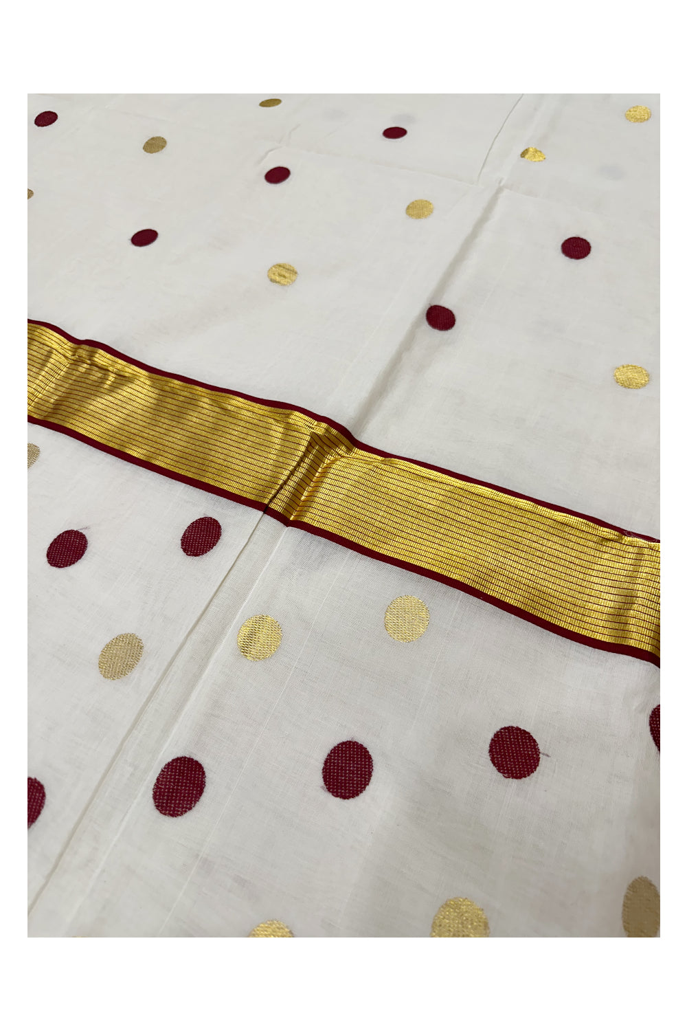 Southloom Premium Handloom Cotton Saree with Golden and Maroon Polka Works Across Body