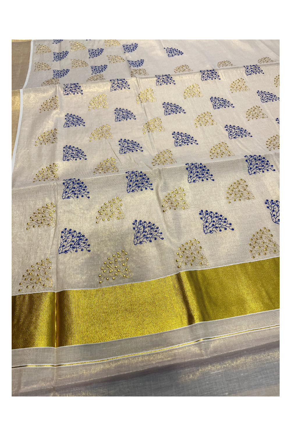 Southloom Kerala Tissue Kasavu Saree with Blue and Gold Floral Embroidery Design on Body