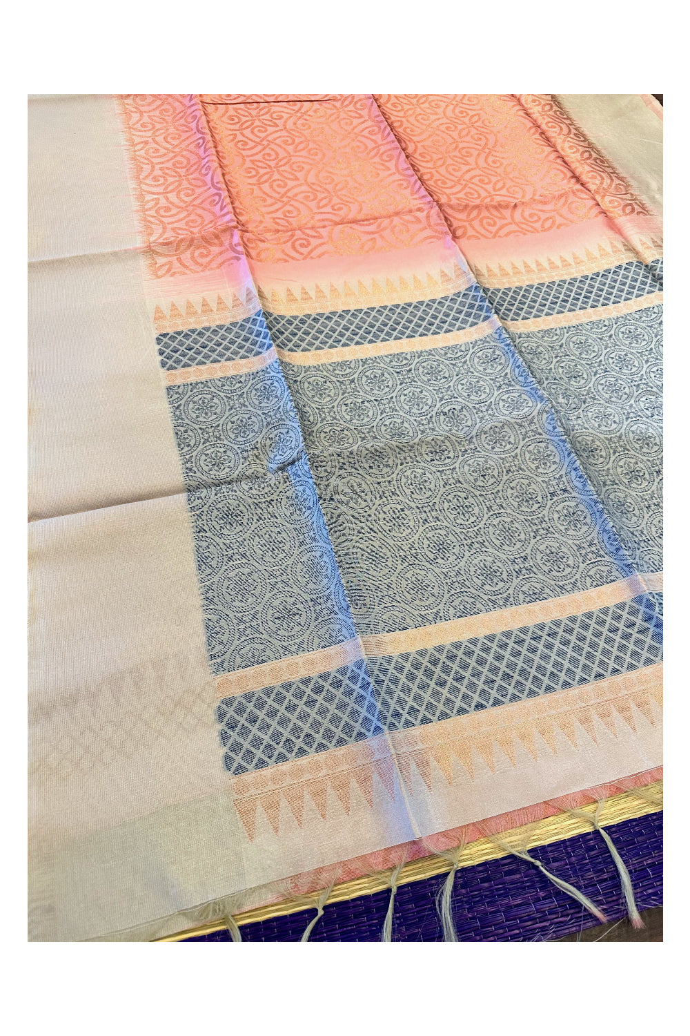 Southloom Semi Tussar Peach Woven Saree with Grey Border