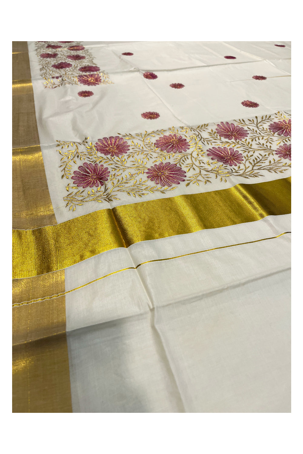 Kerala Cotton Kasavu Saree with Golden and Pink Floral Embroidery Work