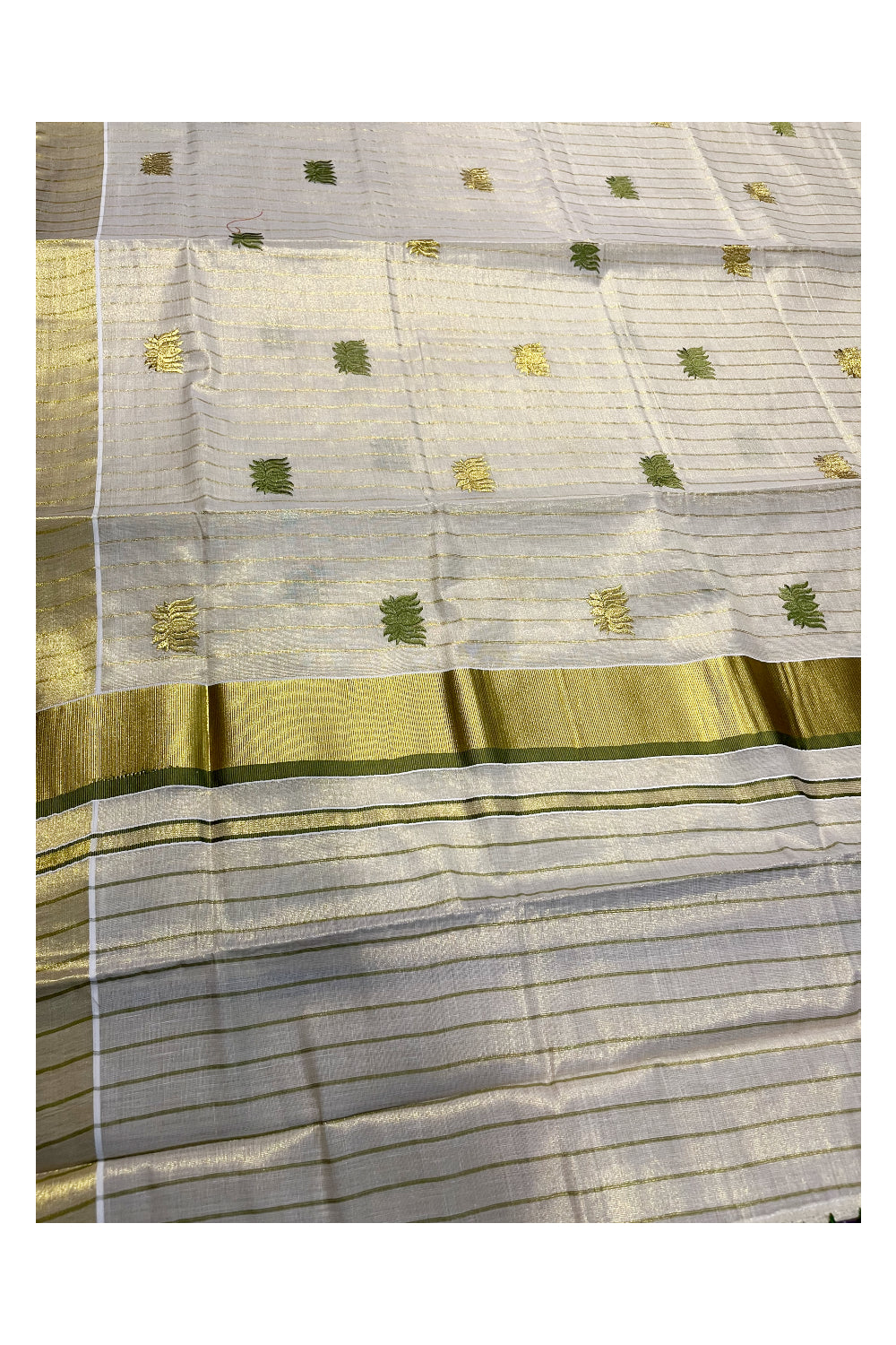 Kerala Tissue Kasavu Lines Saree with Olive Green And Golden Lotus Embroidery Works