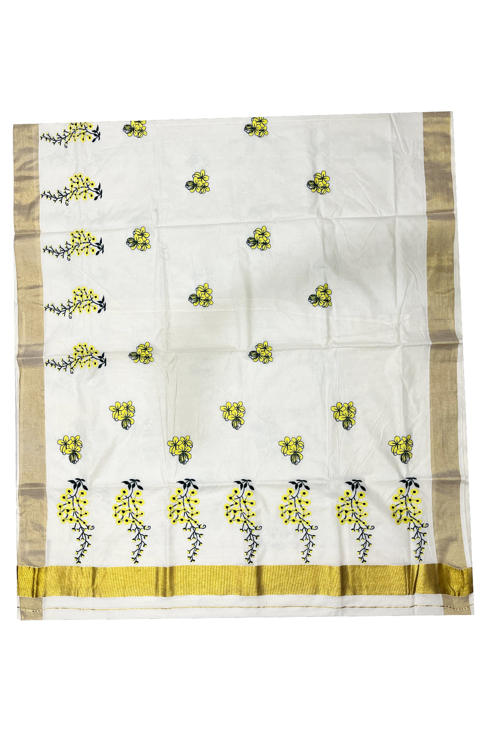 Pure Cotton Kerala Kasavu Saree with Floral Embroidery Designs