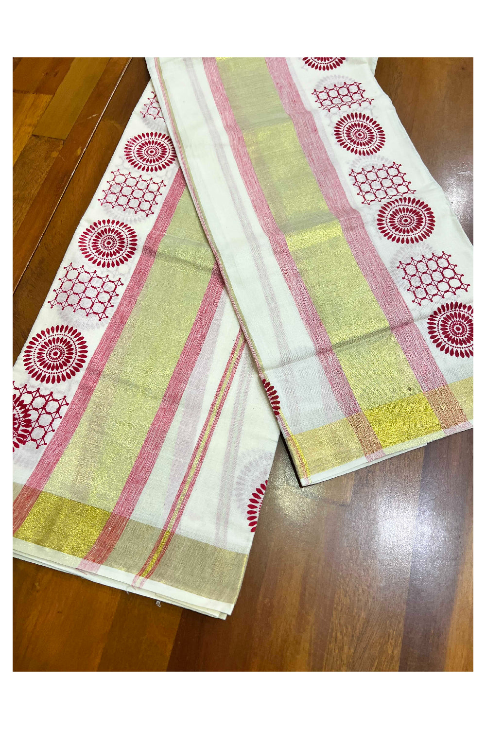 Kerala Cotton Single Set Mundu (Mundum Neriyathum) with Red Block Prints with Kasavu Border  - 2.80Mtrs