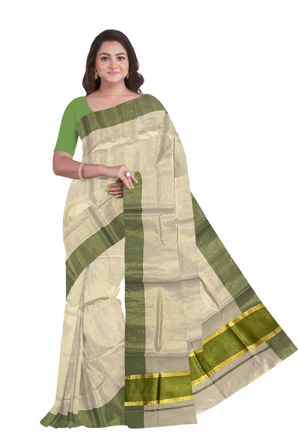 Kerala Tissue Kasavu Plain Saree with Green and Kasavu Border