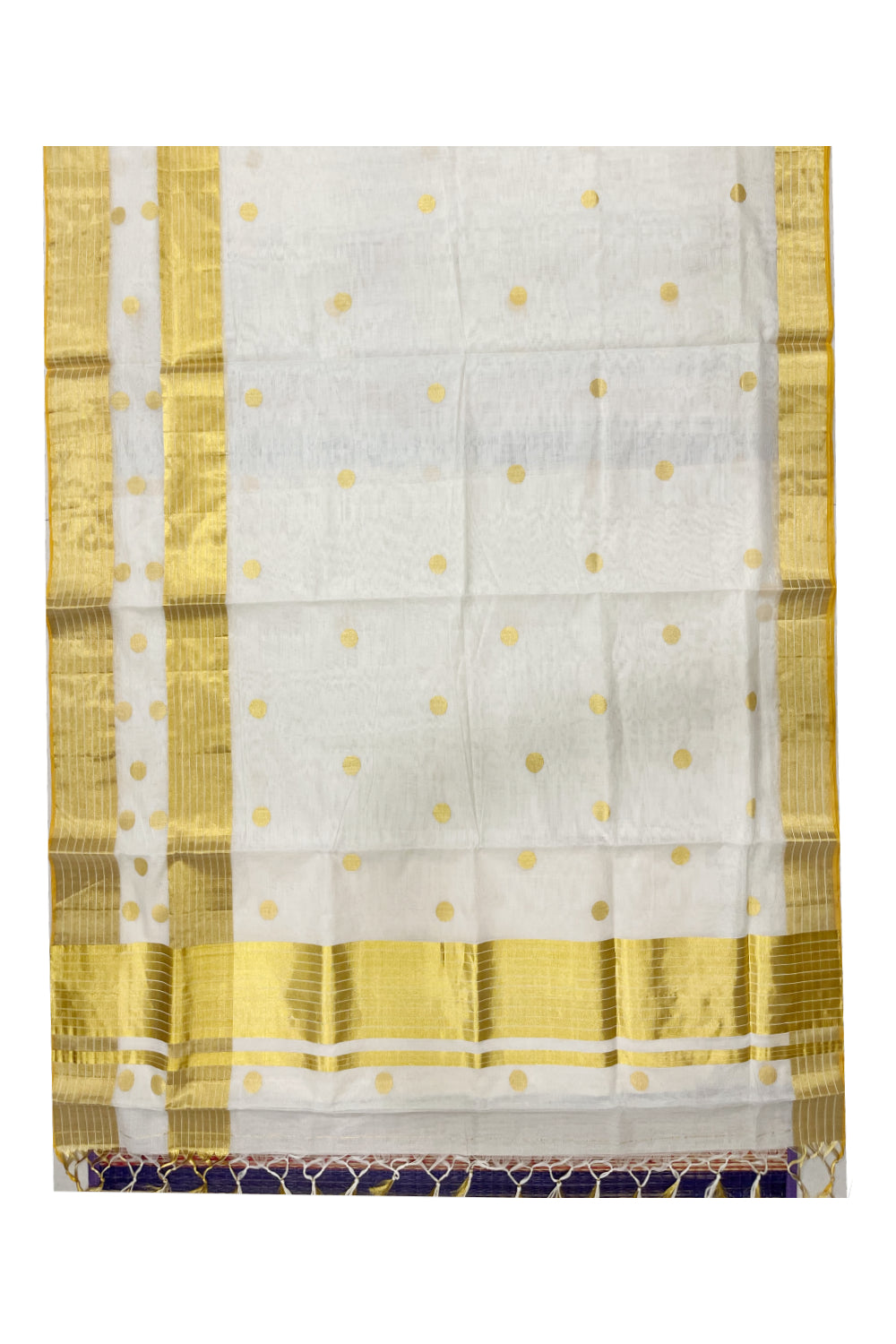 Southloom Super Premium Balaramapuram Unakkupaavu Handloom Kasavu Saree with Golden Polka Woven Designs on Body