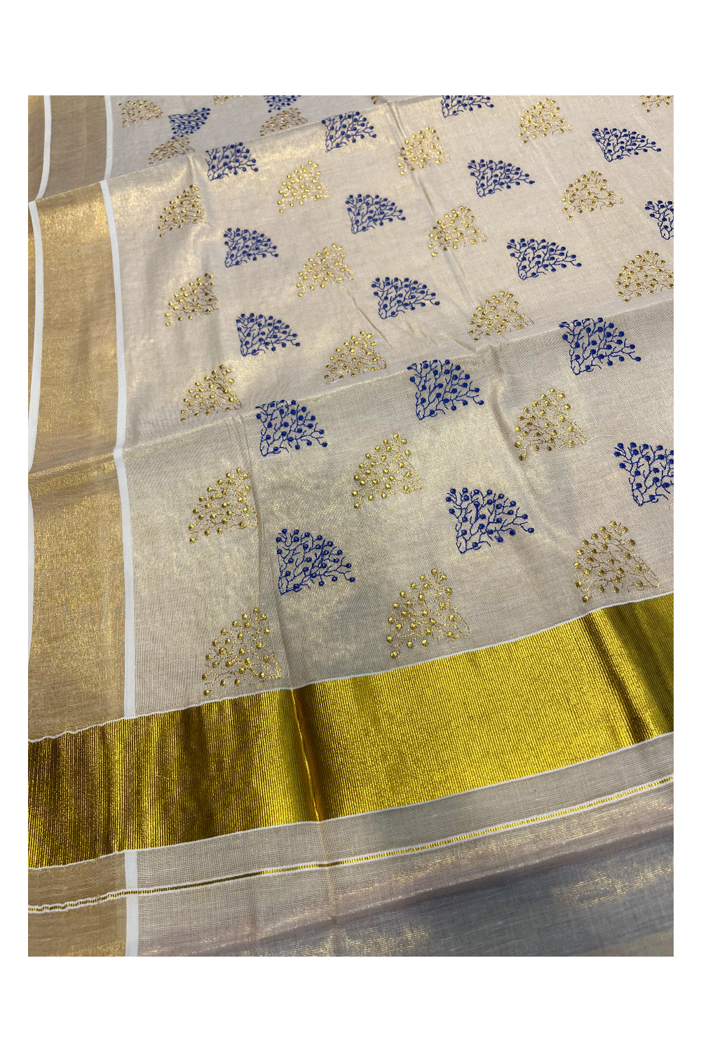 Southloom Kerala Tissue Kasavu Saree with Blue and Gold Floral Embroidery Design on Body