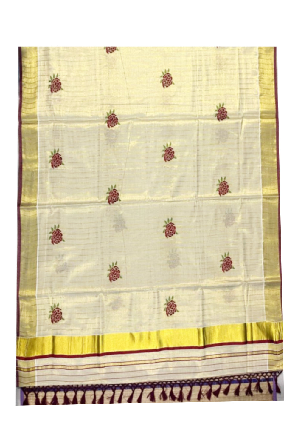 Southloom Kerala Tissue Kasavu Lines Saree with Maroon Floral Embroidery Works