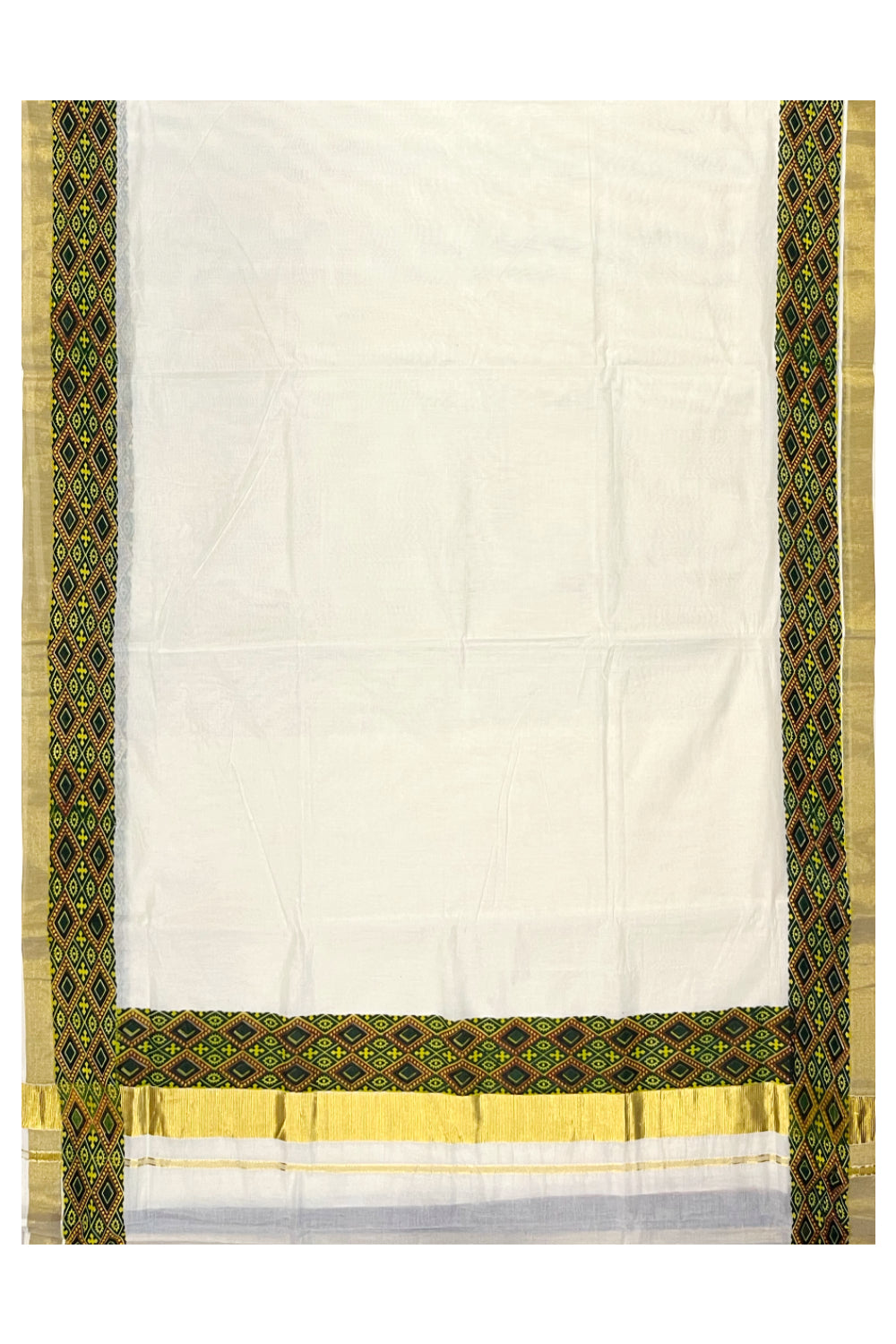 Kerala Pure Cotton Kasavu Saree with Ajrakh Stitched Borders and Matching Blouse Piece