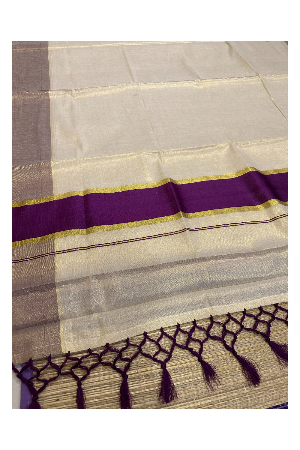 Kerala Kasavu Tissue Saree with Purple Kara and Border (Onam Saree 2023)