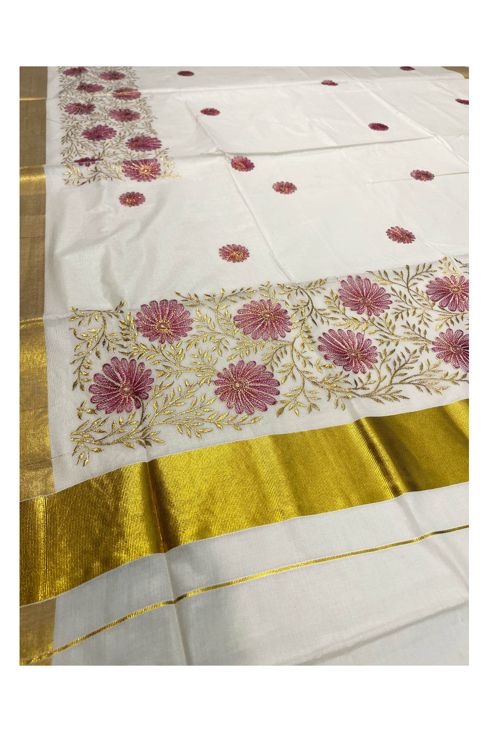 Kerala Cotton Kasavu Saree with Golden and Pink Floral Embroidery Work