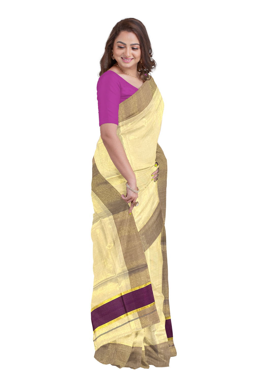 Kerala Kasavu Tissue Saree with Purple Kara and Border (Onam Saree 2023)