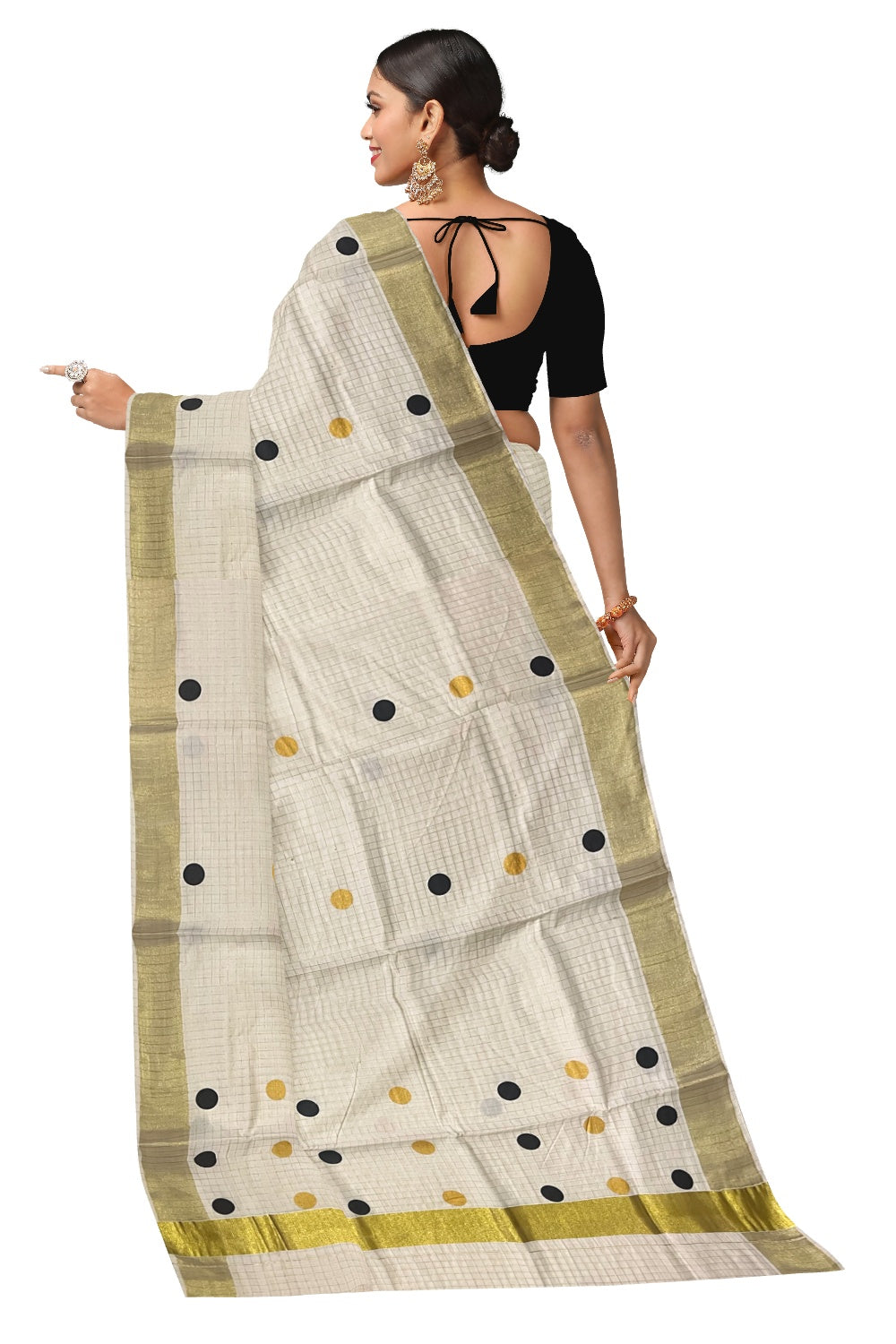 Southloom Micro Check Kasavu Saree with Black and Golden Polka Dot Prints Across Body