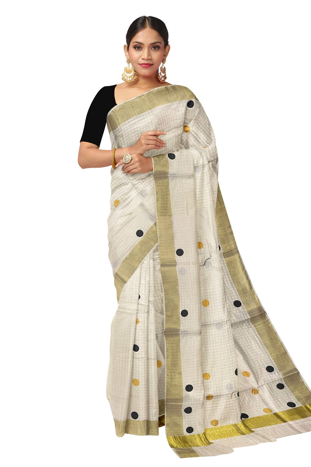 Southloom Micro Check Kasavu Saree with Black and Golden Polka Dot Prints Across Body