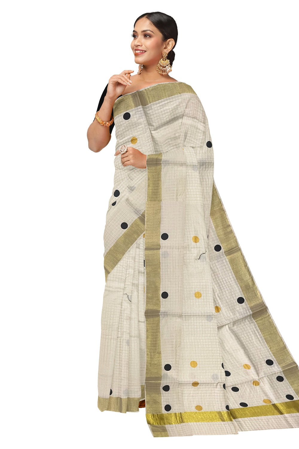 Southloom Micro Check Kasavu Saree with Black and Golden Polka Dot Prints Across Body