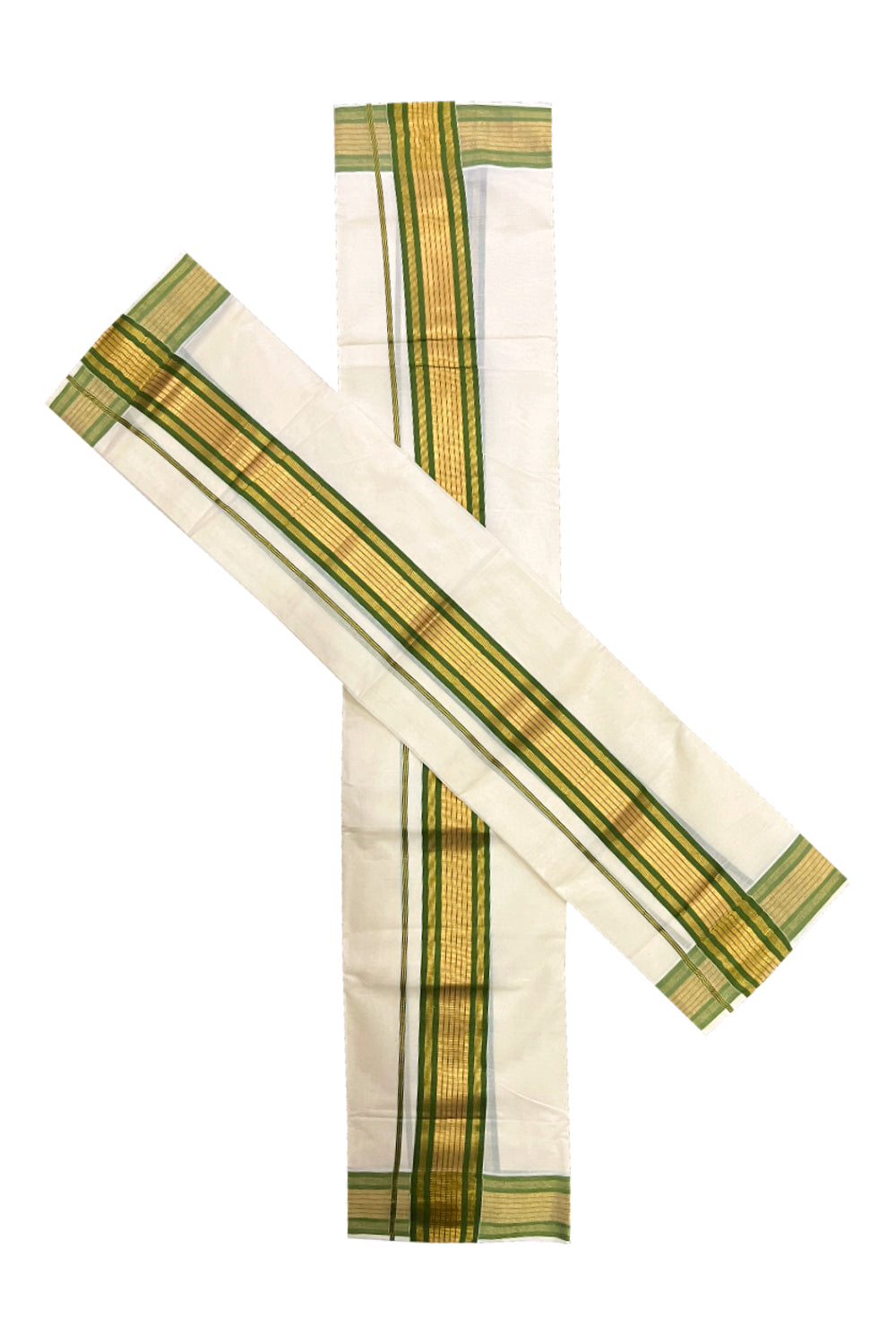 Pure Cotton Mundum Neriyathum Double (Set Mundu) with Green and Kasavu Border 2.80 Mtrs