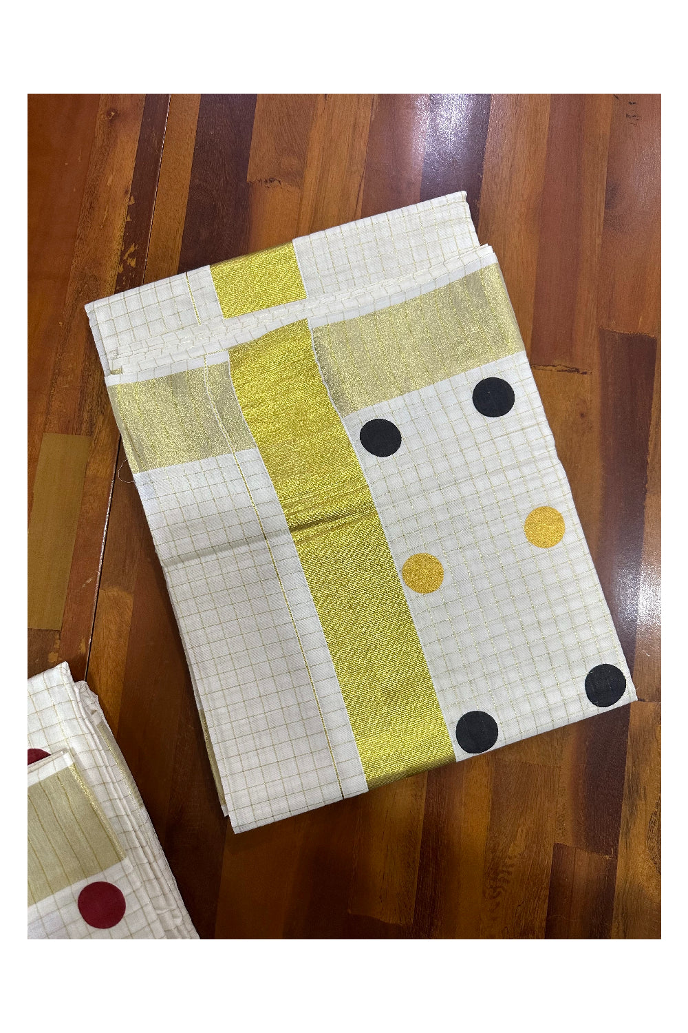 Southloom Micro Check Kasavu Saree with Coloured and Golden Polka Dot Prints Across Body and Print (Onam 2023 Collection)