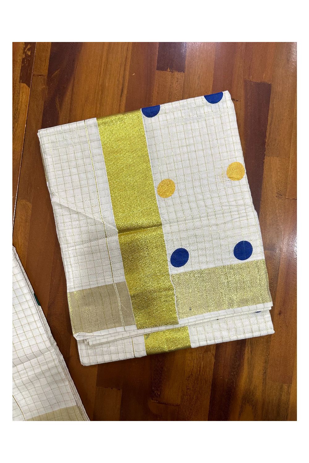 Southloom Micro Check Kasavu Saree with Coloured and Golden Polka Dot Prints Across Body and Print (Onam 2023 Collection)