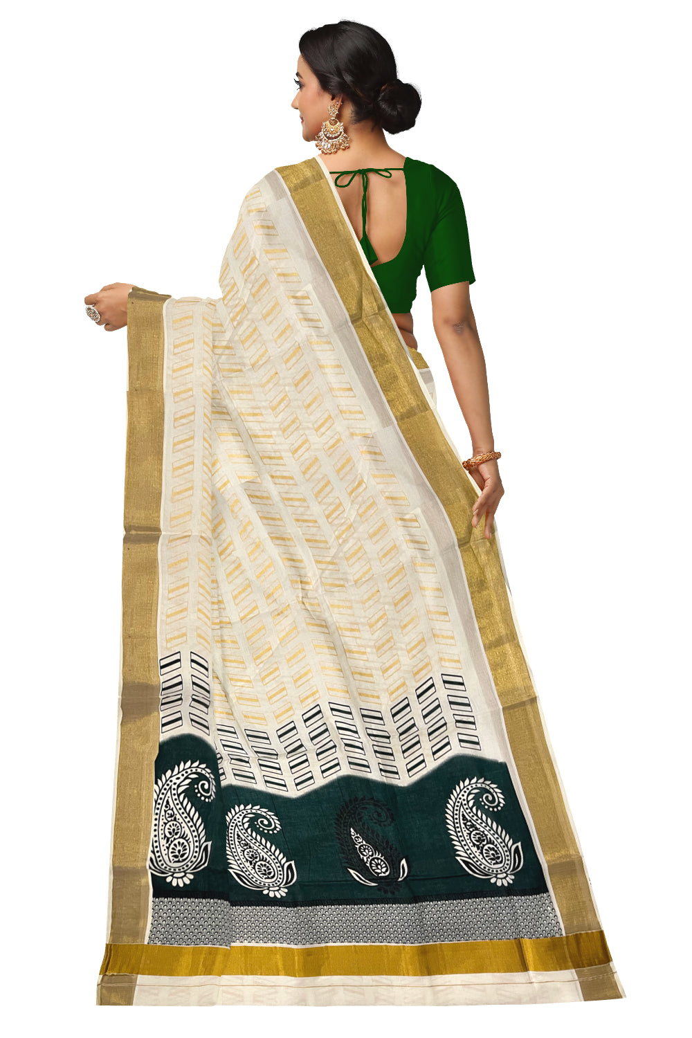 Kerala Cotton Saree with Green Block Prints on Pallu and Golden Block Prints on Body