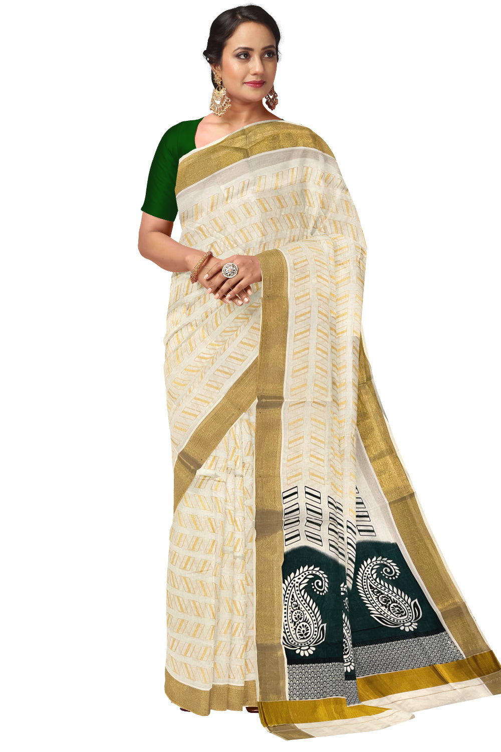 Kerala Cotton Saree with Green Block Prints on Pallu and Golden Block Prints on Body