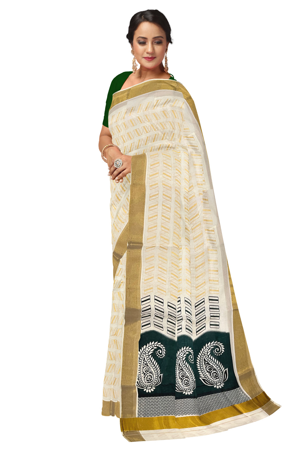 Kerala Cotton Saree with Green Block Prints on Pallu and Golden Block Prints on Body