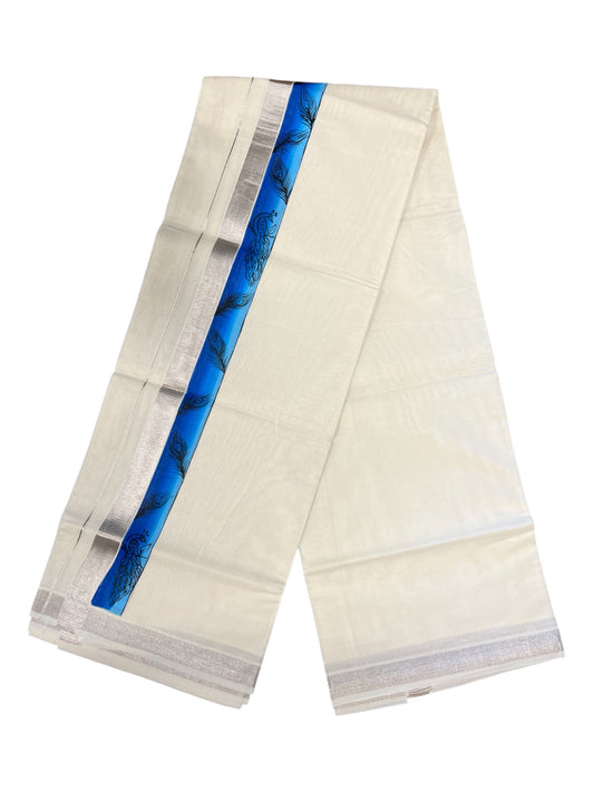 Kerala Pure Cotton Double Mundu with Mural Hand Painted Design on Silver Kasavu Border