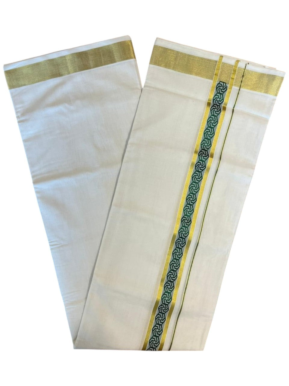 Southloom Premium Handloom Pure Cotton Mundu with Green and Kasavu Woven Border