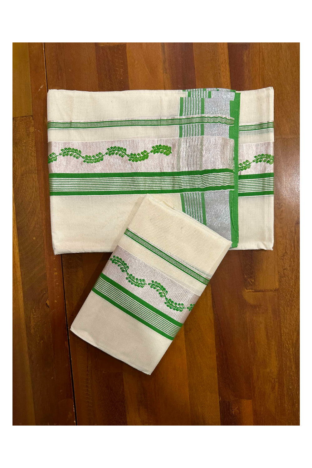 Kerala Cotton Single Set Mundu (Mundum Neriyathum) with Light Green Block Prints and Silver Kasavu Border 2.80 Mtrs (Onam set Mundu 2023)