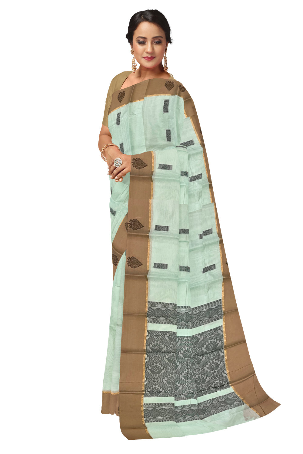 Southloom Cotton Turquoise Saree with Woven Butta Works on Body and Pallu