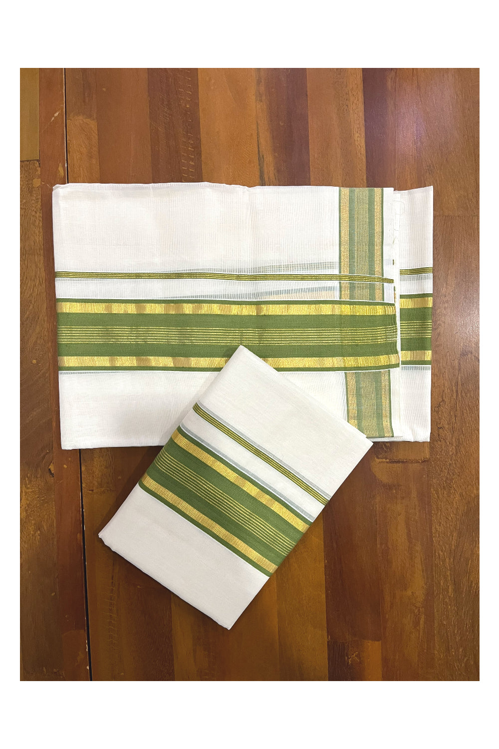 Pure Cotton Handloom Premium Kasavu Set Mundu (Mundum Neriyathum) with Green and Kasavu Border