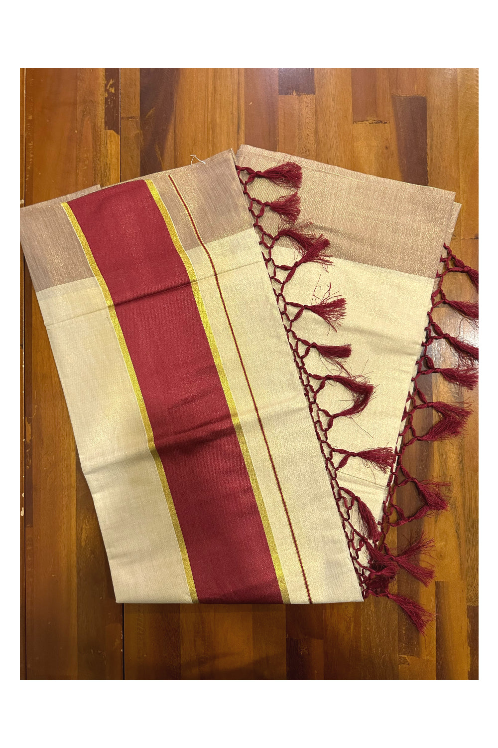 Kerala Kasavu Tissue Saree with Maroon Kara and Border (Onam Saree 2023)