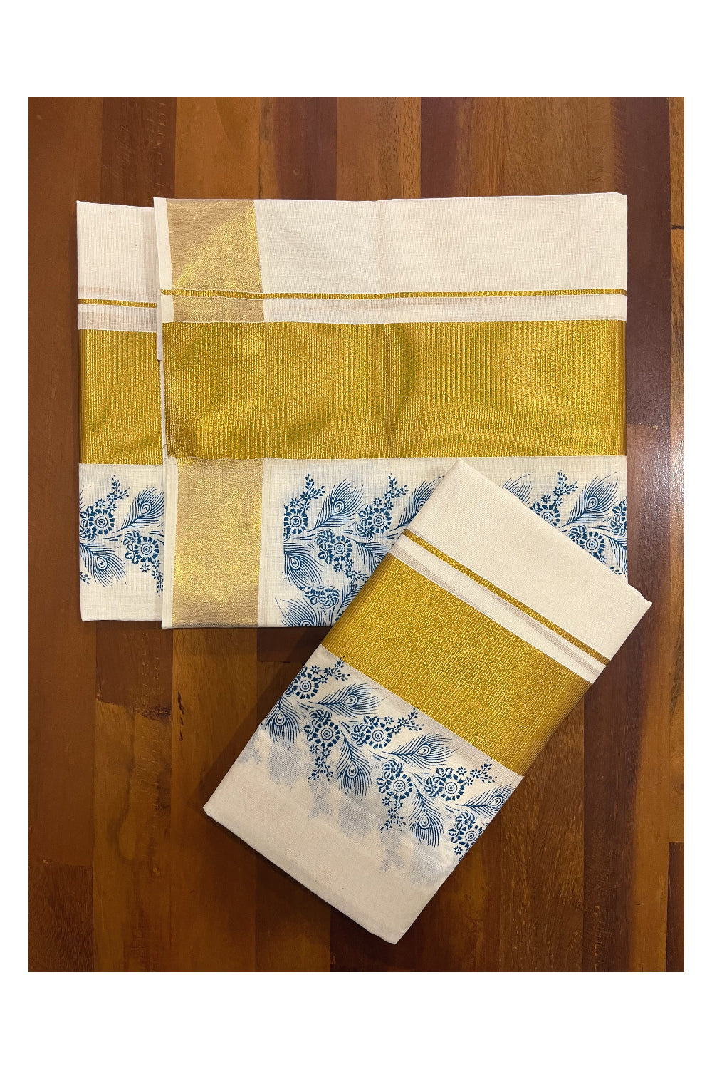 Pure Cotton Kerala Single Set Mundu (Mundum Neriyathum) with Blue Block Printed Kasavu Border