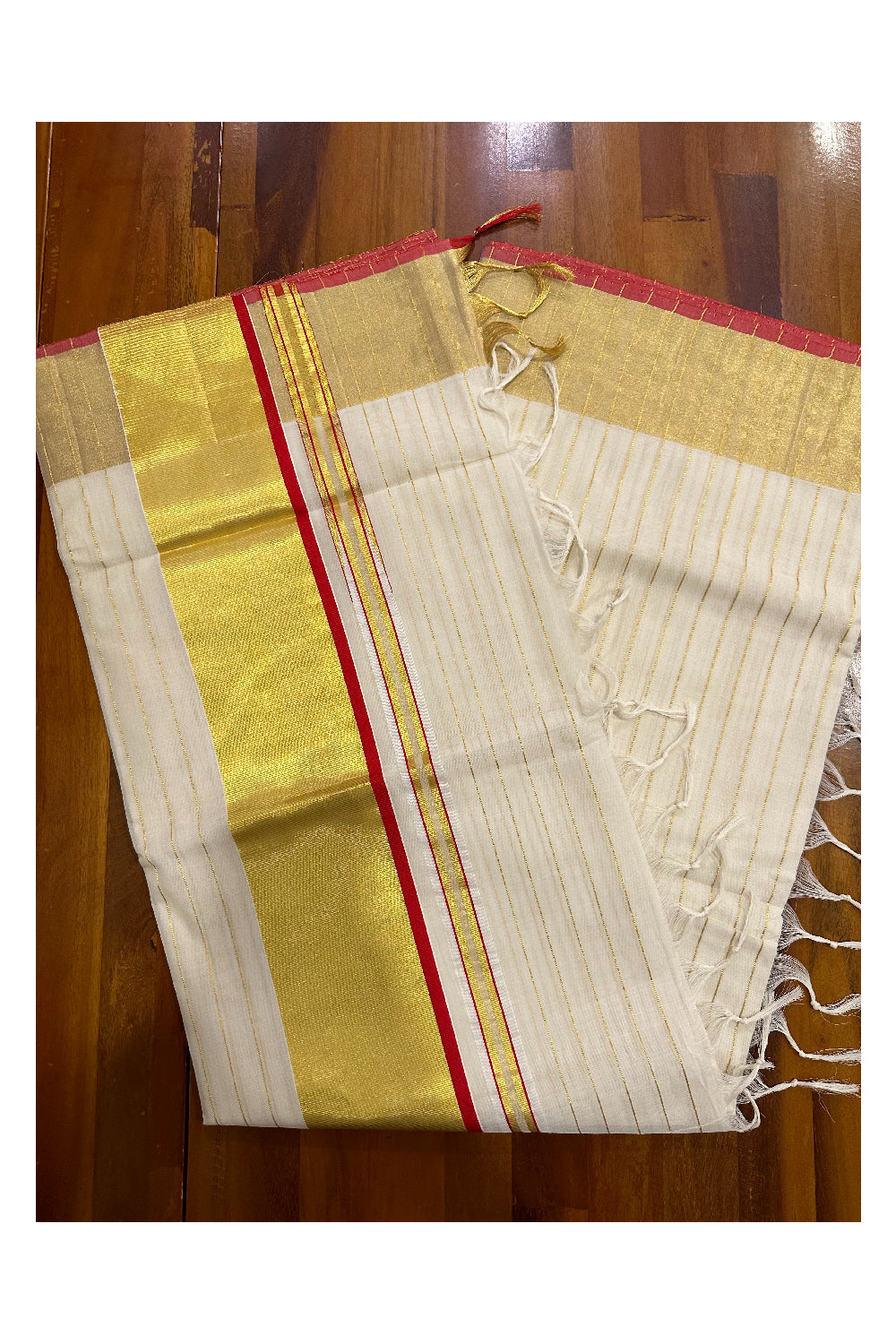 Southloom™ Handloom Kerala Saree with Kasavu Lines Across Body and Red Border (Onam Saree 2023)