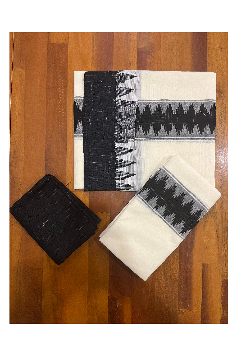 Southloom Pure Cotton Kerala Single Set Mundu with Black Temple Block Prints and Seperate Blouse Piece (Onam Set Mundu 2023)