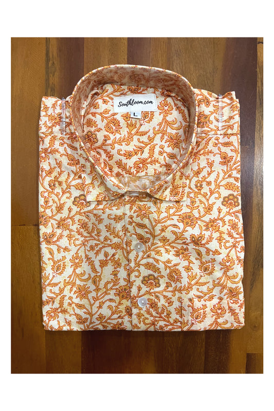 Southloom Jaipur Cotton Orange Floral Hand Block Printed Shirt (Half Sleeves)