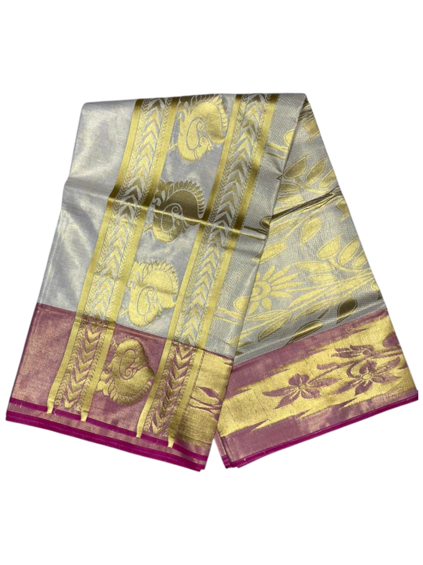 Southloom  Kerala Tissue Kasavu Heavy Work Saree with Peacock Design And Pink Border SL483